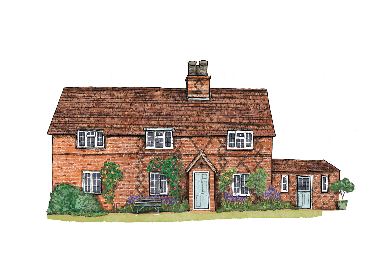 Hand drawn house portrait illustration of a brick house with a brown roof on a white background