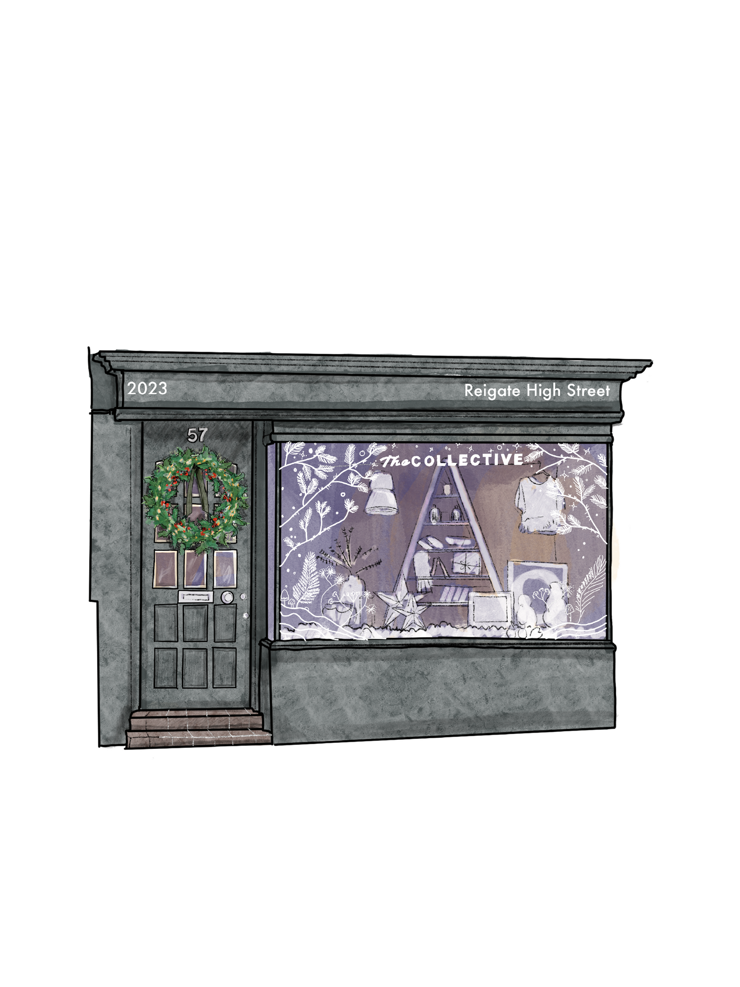 Drawing of independent shop front window at Christmas time