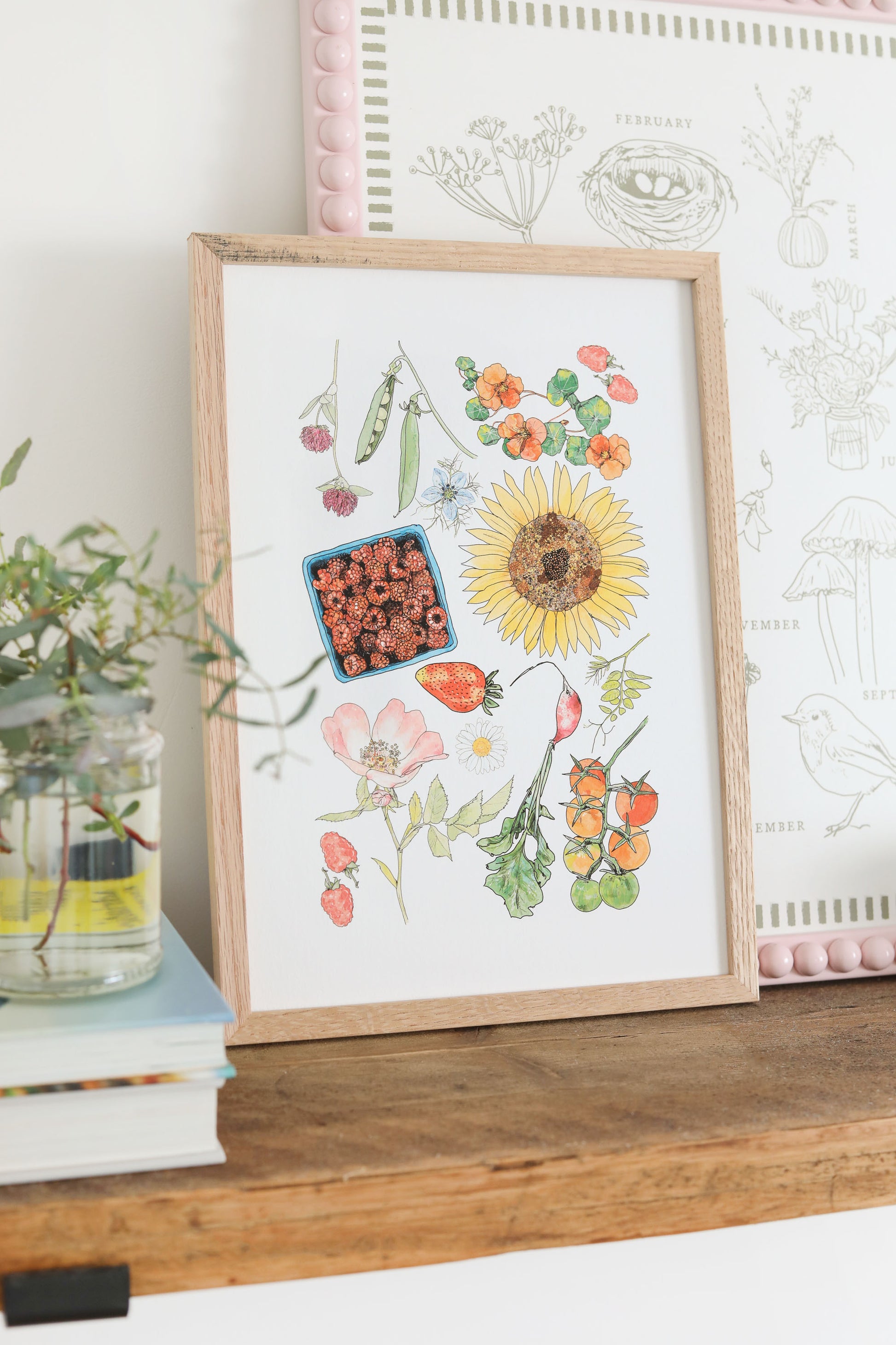 Framed botanical illustration based on the English summer in a modern country home