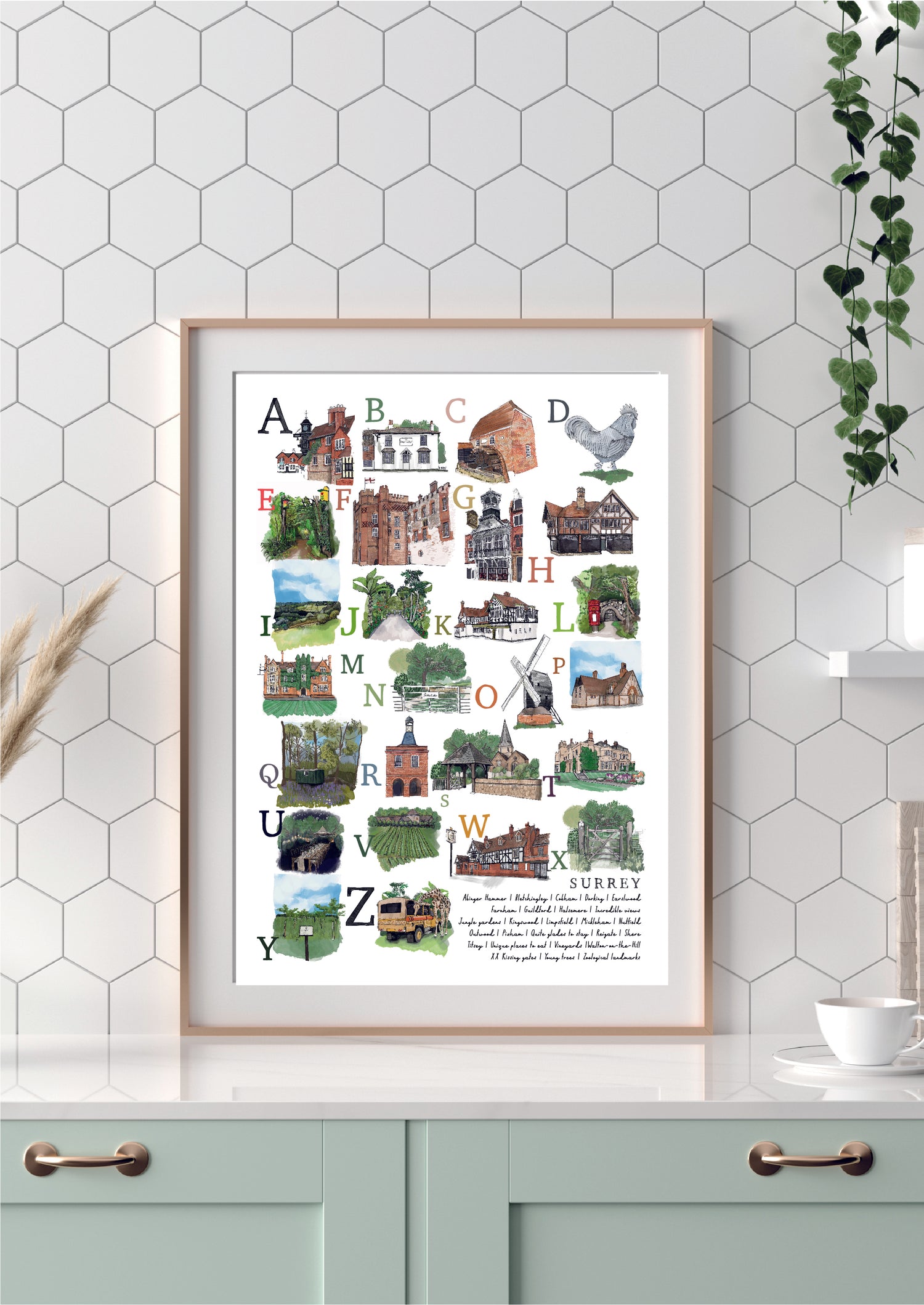 Illustrated map of Surrey displayed as an art print